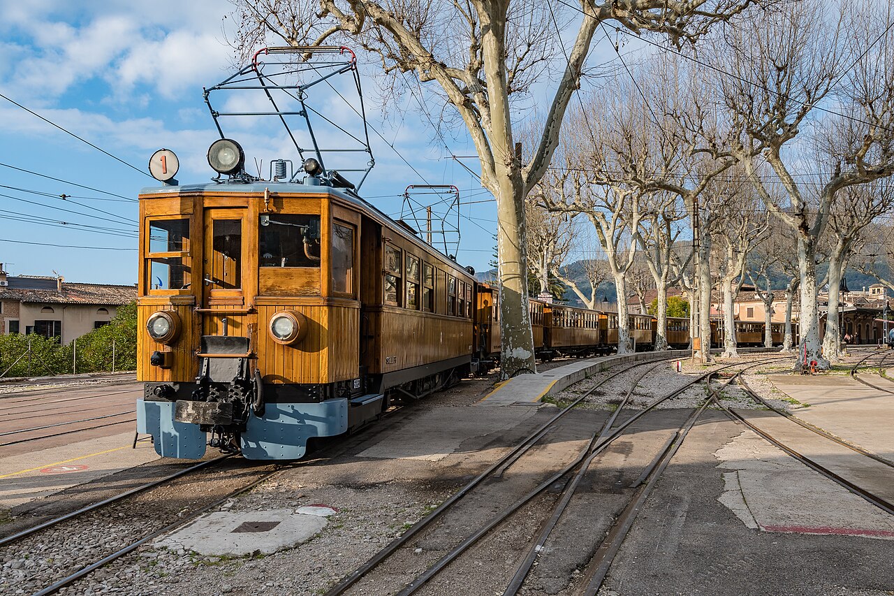 The 1912 wooden train of the Ferrocarril de Soller at Soller station, Mallorca