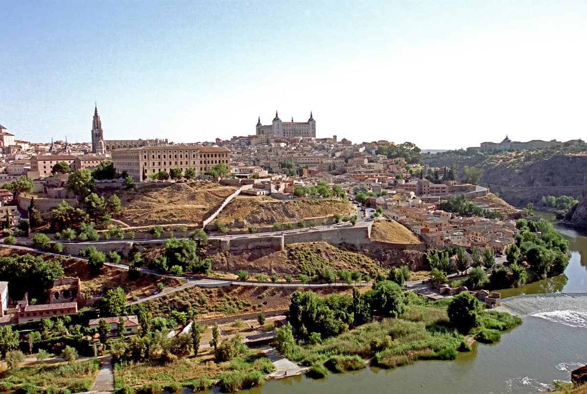The historic city of Toledo seen from across the river Tagus, with the cathedral spire and the Alcazar on the skyline
