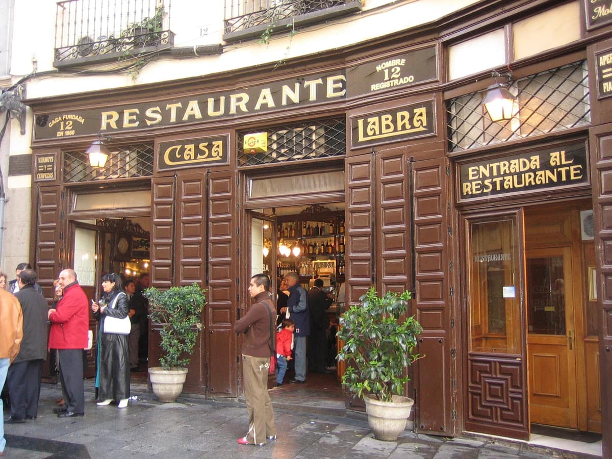 The wooden front of Casa Labra, a historic tavern in central Madrid