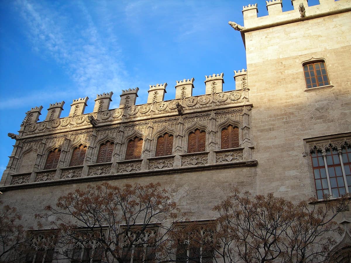 The Gothic façade of the Lonja de la Seda, the silk exchange in Valencia's old town